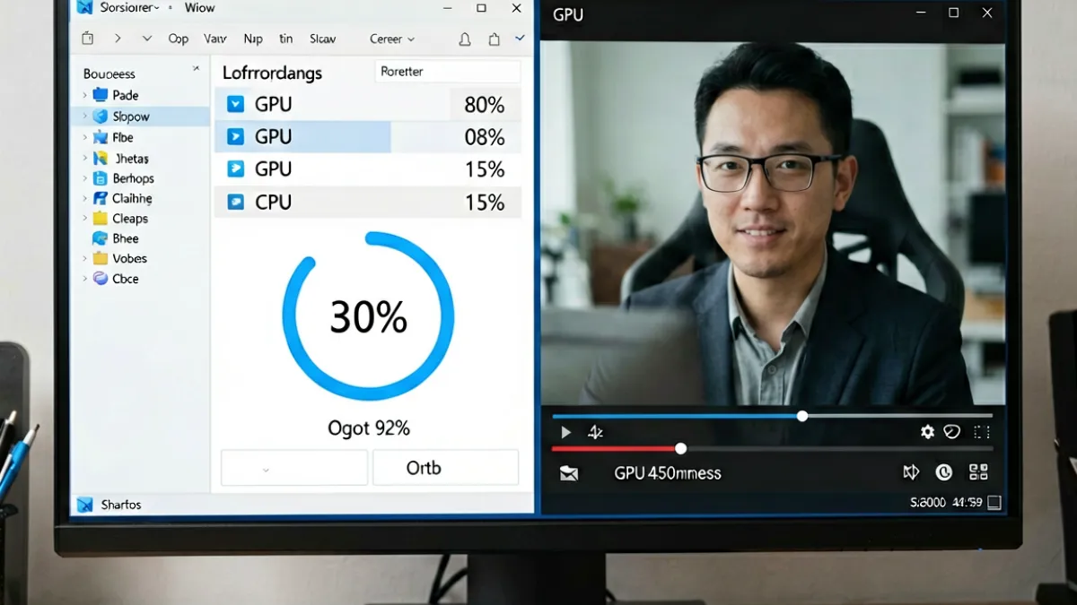 对比图：左侧显示硬件加速解码开启时GPU占用率约30%，右侧软解模式CPU占用率飙升至90%以上的监控截图
