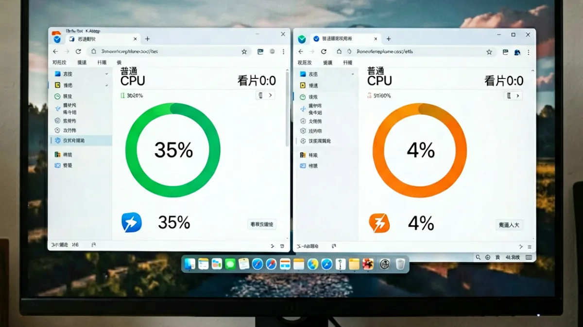 同一台电脑上对比普通浏览器与看片浏览器在播放4K视频时CPU占用率的差异截图