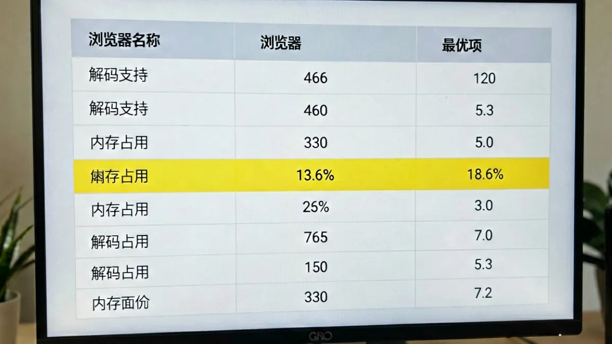 看片浏览器功能对比页面，多款浏览器的硬件解码与隐私保护参数并排展示在表格中